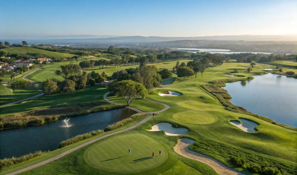 Aerial view of Arrowood Golf Course featuring green fairways, bunkers, and water features with golfers in the background.