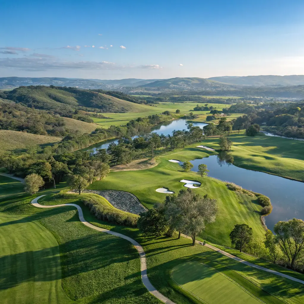 Detailed view of a hole at Arrowood Golf Course, showing water hazards and sand traps.