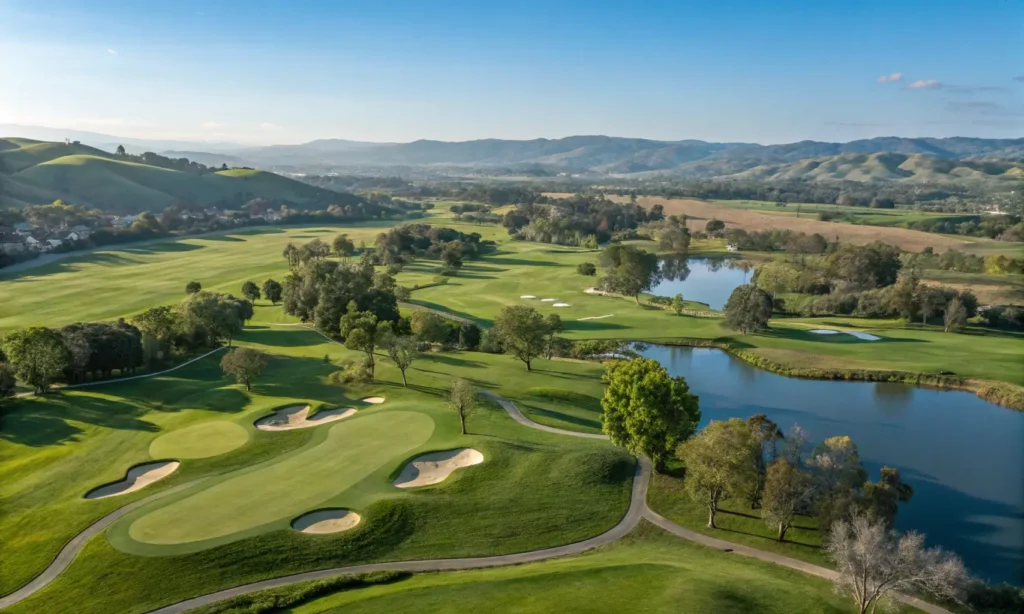 Aerial view of Arrowood Golf Course in California, featuring green fairways, bunkers, and water features.