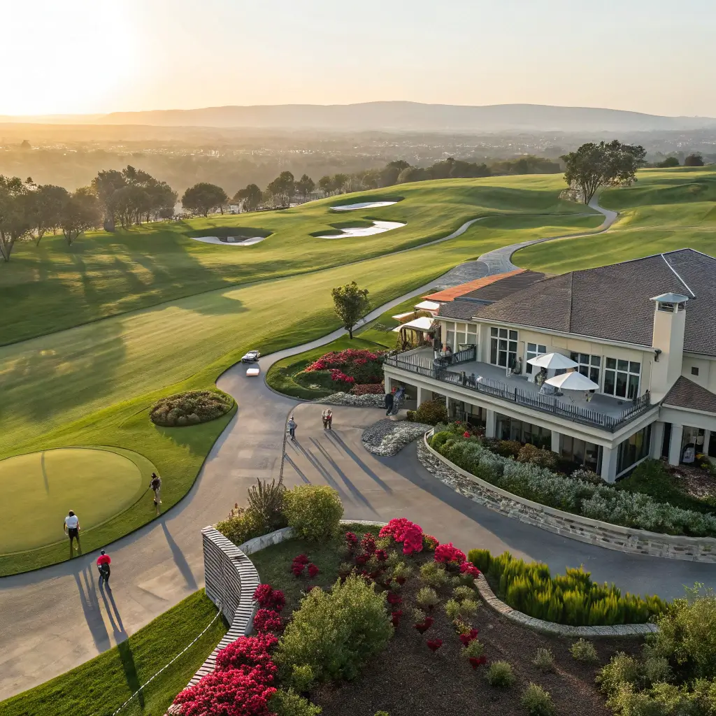 Panoramic view of Arrowood Golf Course with clubhouse and golfers.