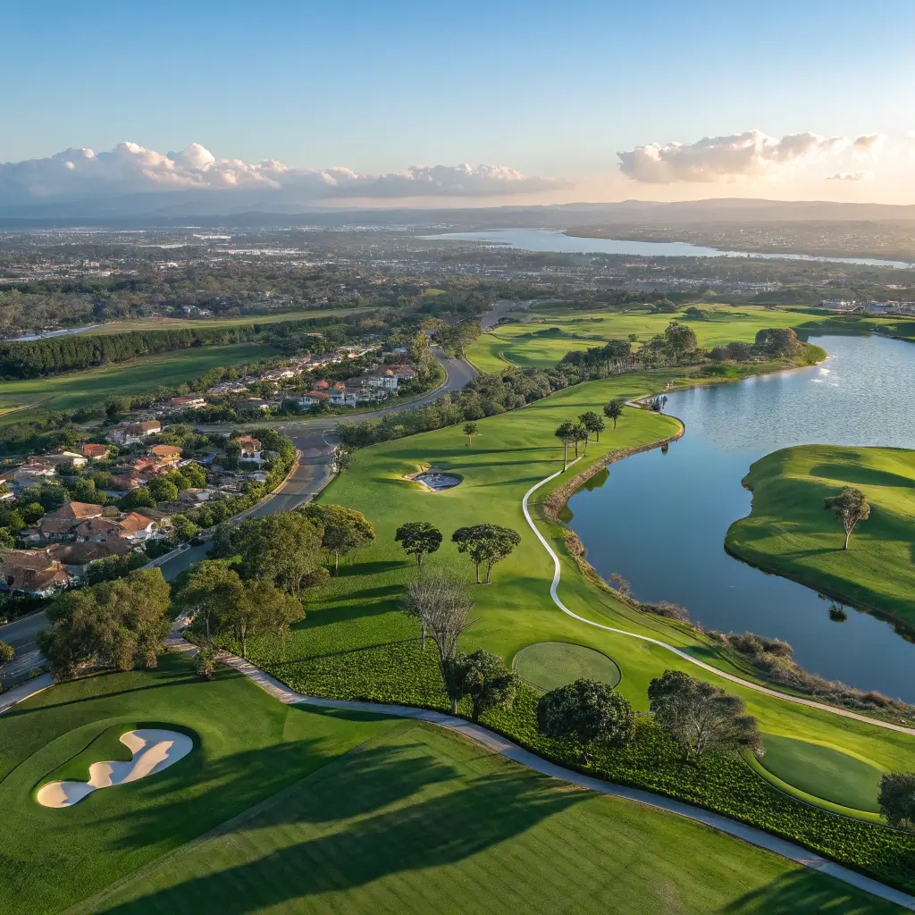 Aerial view of Arrowood Golf Course in Oceanside, CA, featuring green fairways, bunkers, and water features.