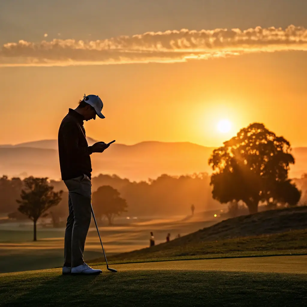 A golfer checking tee time bookings on their phone at Arrowood Golf Course during sunset.