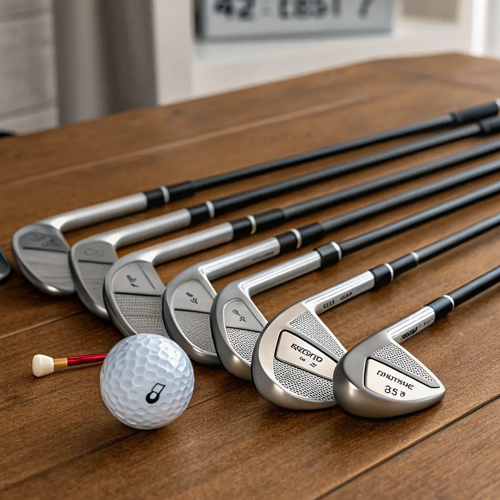 Close-up of beginner golf clubs with oversized heads and lightweight shafts on a wooden table.