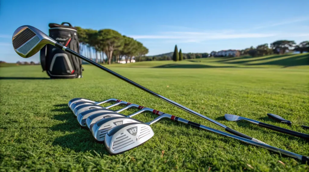 A beginner golf club set displayed on a golf course, featuring a driver, irons, and a putter against a clear blue sky.