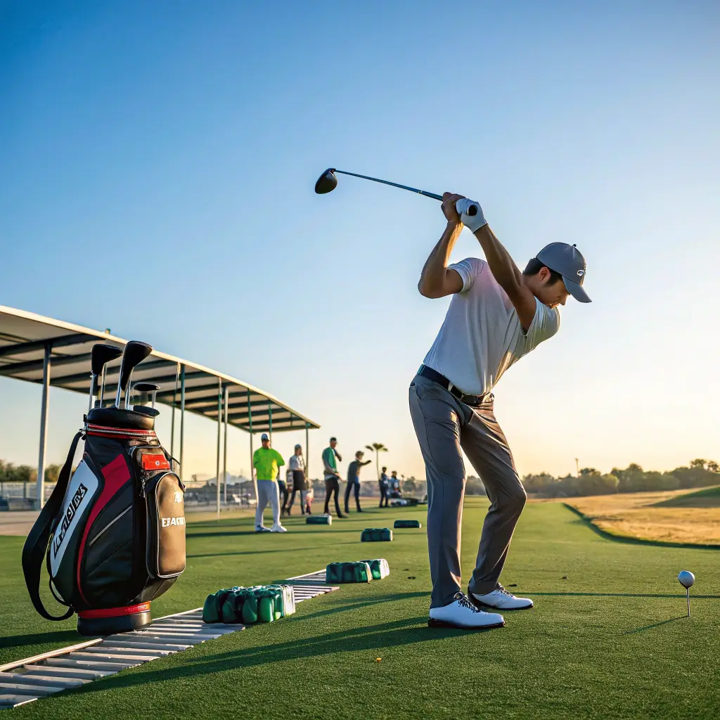 A beginner golfer practicing their swing at a driving range with a golf bag beside them.