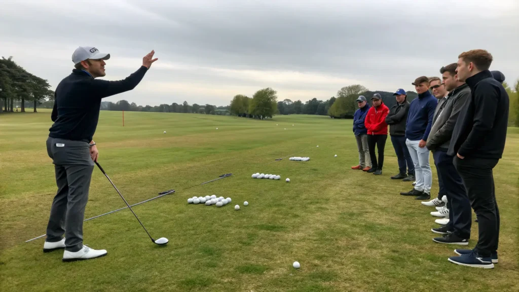 A golf instructor welcoming adult beginners to their first golf lesson, with golf clubs and balls on the grass, and learners listening attentively.