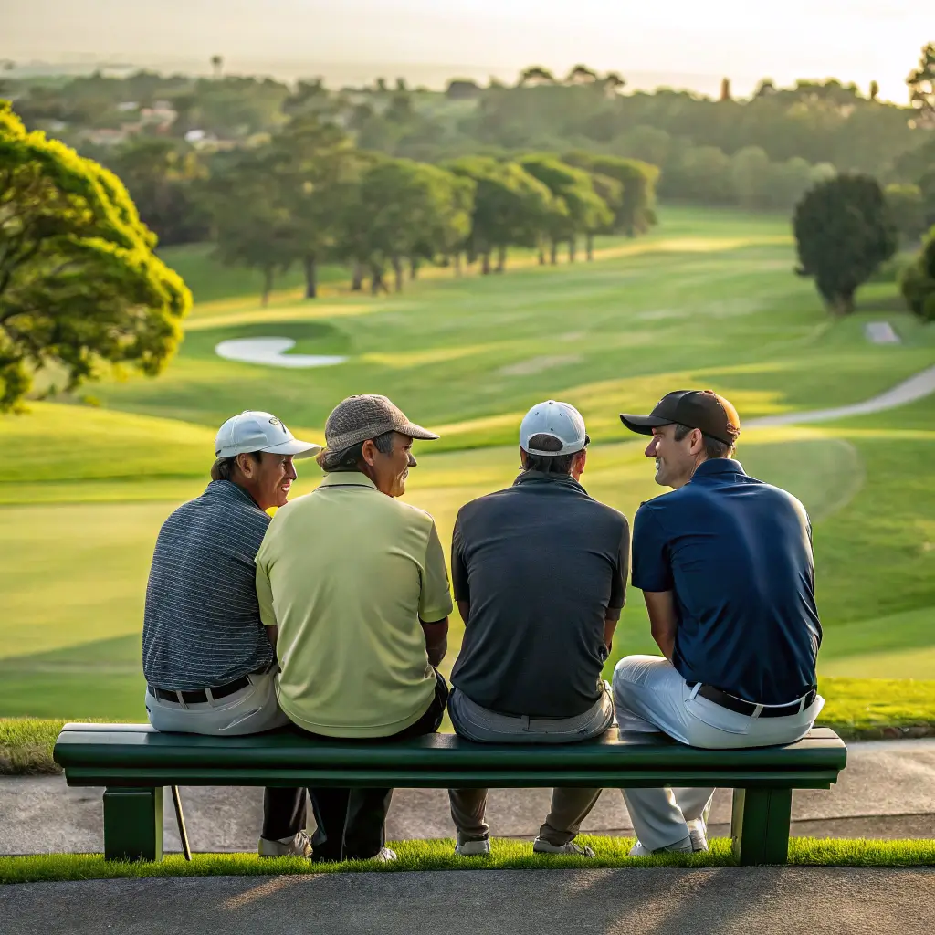 A golf instructor welcoming adult beginners to their first golf lesson, with golf clubs and balls on the grass, and learners listening attentively.