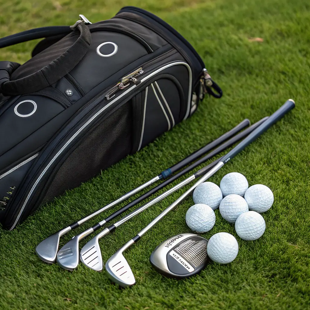 A close-up of essential golf equipment for beginners, including golf clubs, balls, and a golf bag on a grassy area.