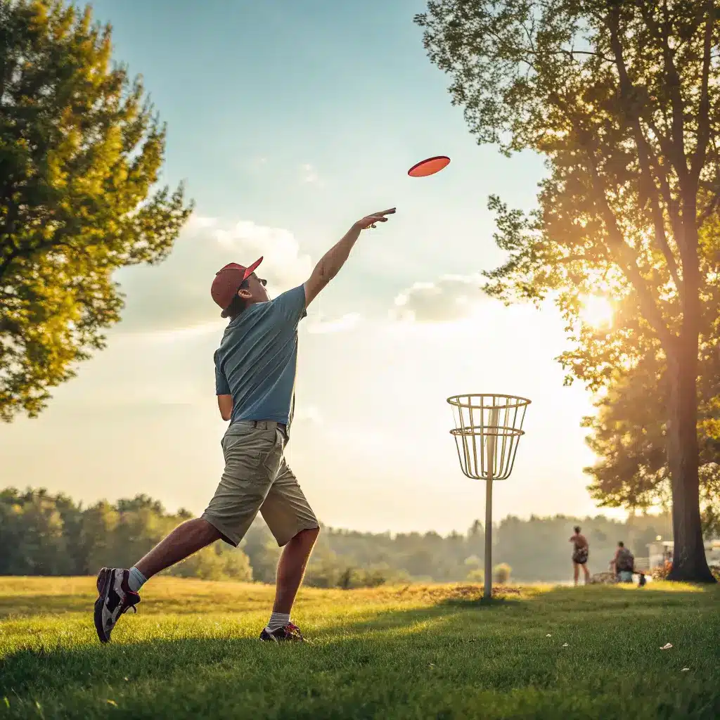 A beginner disc golfer throwing a disc on a sunny day at a disc golf course.