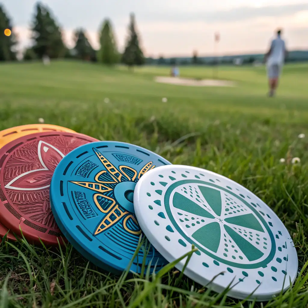 A complete disc golf set displayed in a park, featuring colorful discs, a disc golf bag, and accessories, surrounded by greenery.