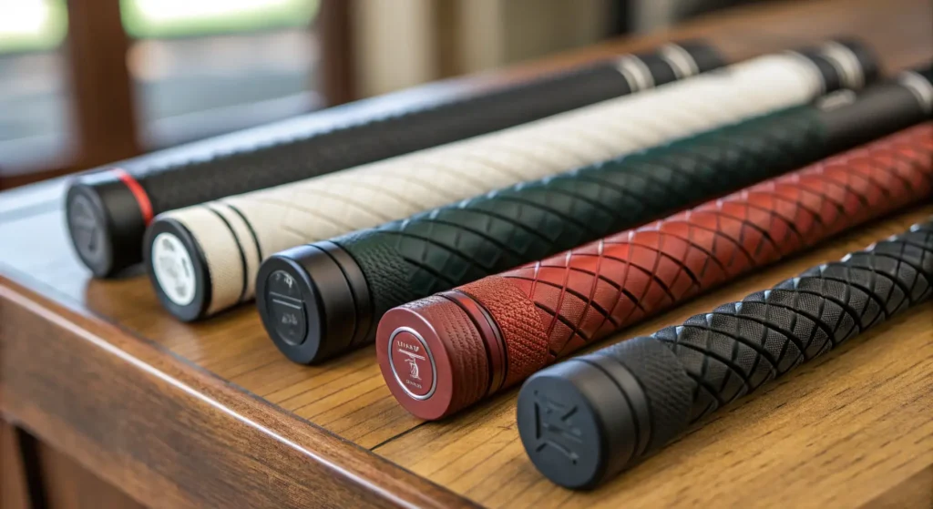 A collection of golf club grips in various colors and textures displayed on a wooden surface, showcasing their unique designs.