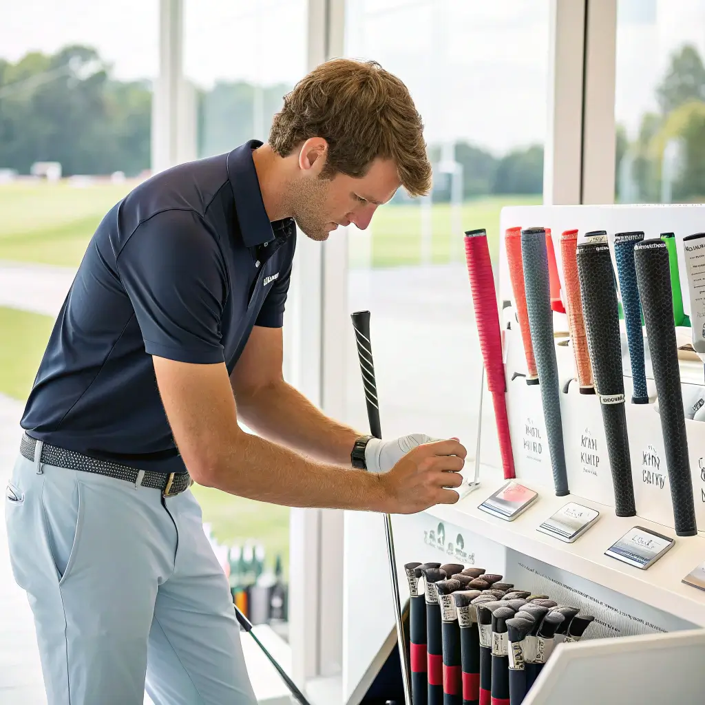 A golfer selecting a golf club grip from a display in a pro shop, surrounded by various grip options.
