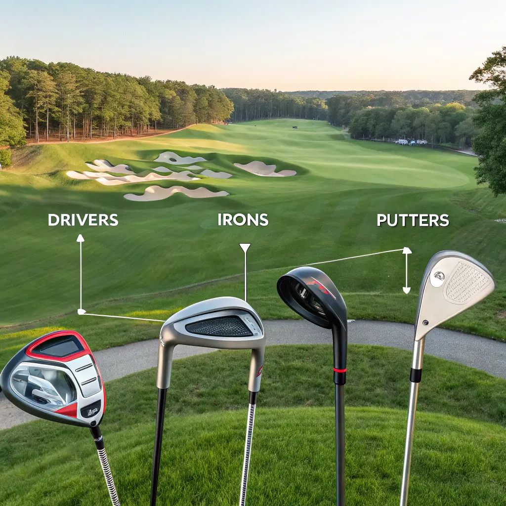 An assortment of golf clubs including drivers, irons, and putters, displayed on a wooden table, highlighting the basics of golf club types.