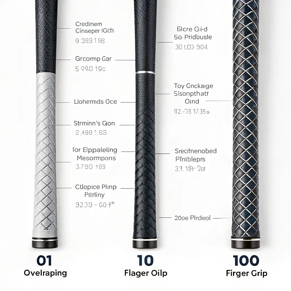 A comparison of different types of golf grips on golf clubs, including overlapping, interlocking, and ten-finger grips.