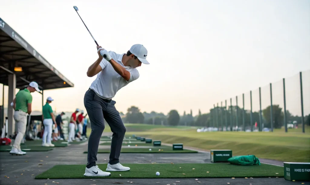A golfer practicing their grip on the driving range, with a focus on their hands and the club.