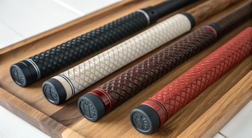 A variety of golf grips in different colors and textures displayed on a wooden surface, emphasizing their unique features.