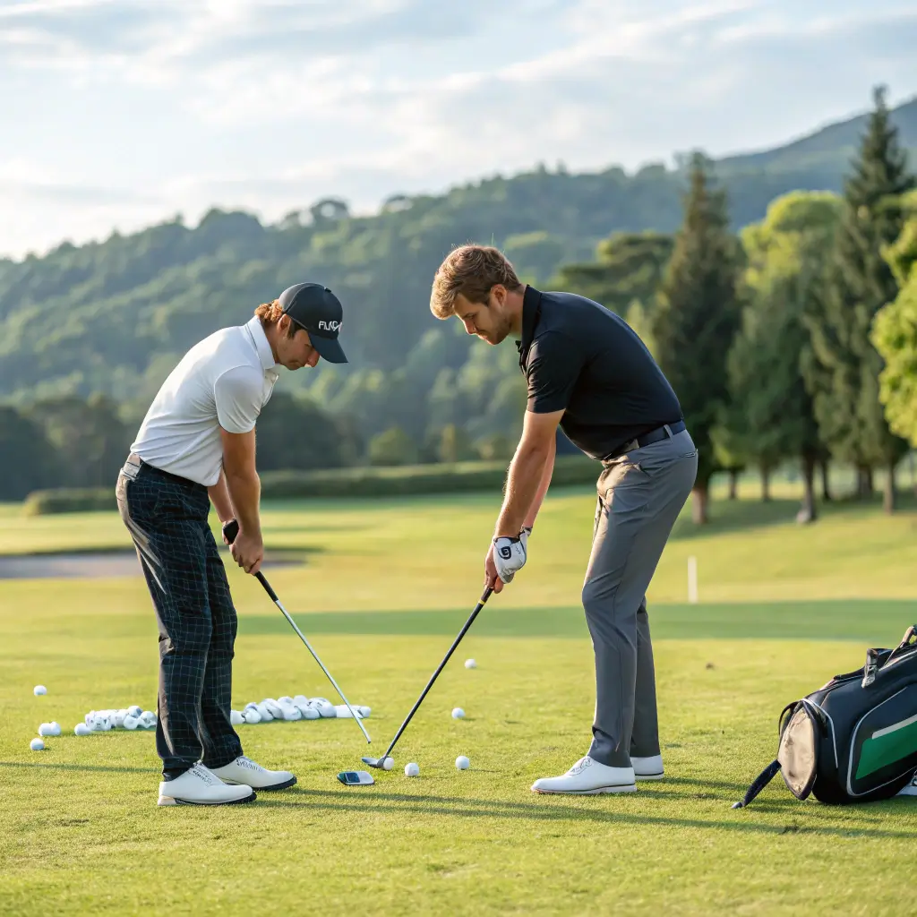A beginner golfer receiving instruction from a qualified golf coach on the driving range.