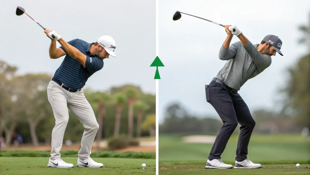 A side-by-side comparison of a beginner golfer's poor swing and a proper swing technique.