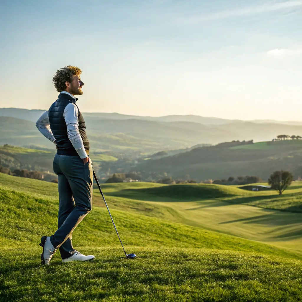 A golfer reflecting on their journey on a beautiful golf course, symbolizing accomplishment.