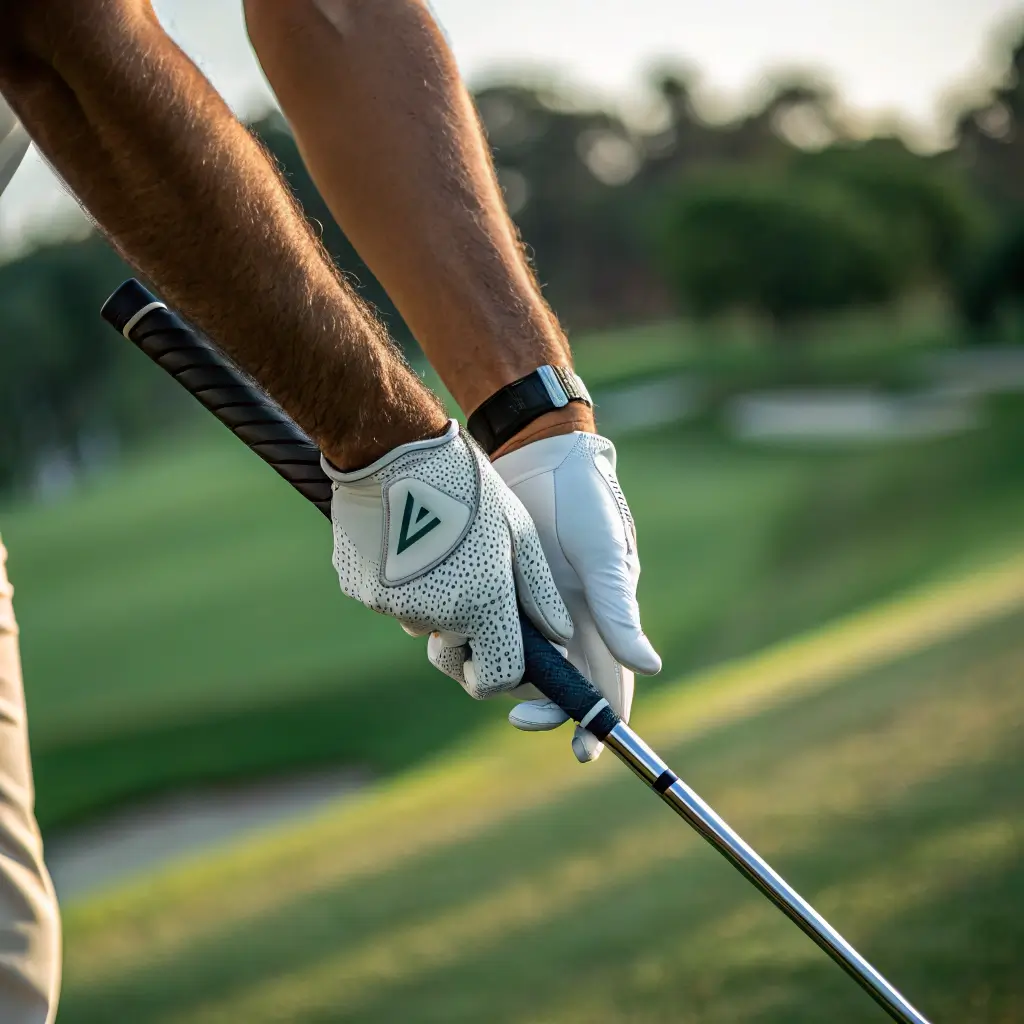 A close-up of a golfer's hands demonstrating the correct grip on a golf club.