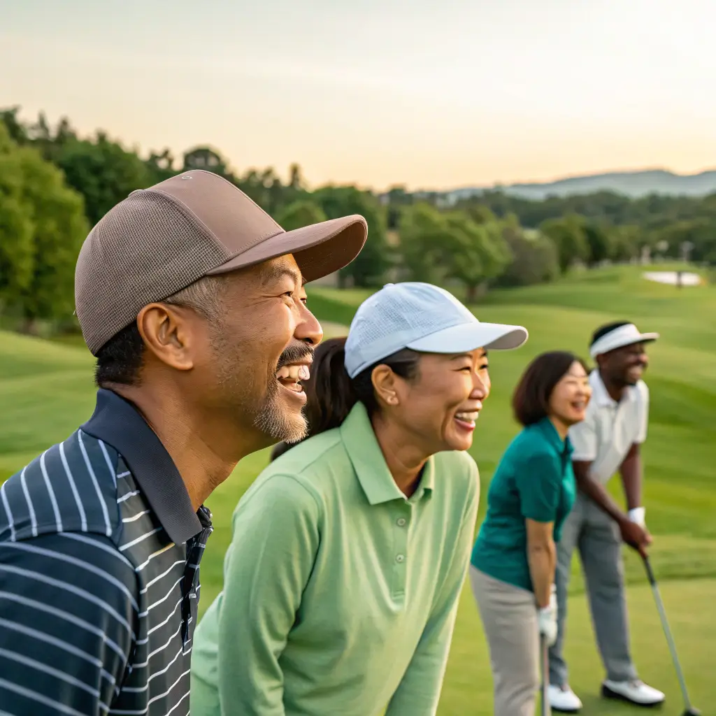A group of beginner golfers participating in a friendly tournament, enjoying the community spirit.