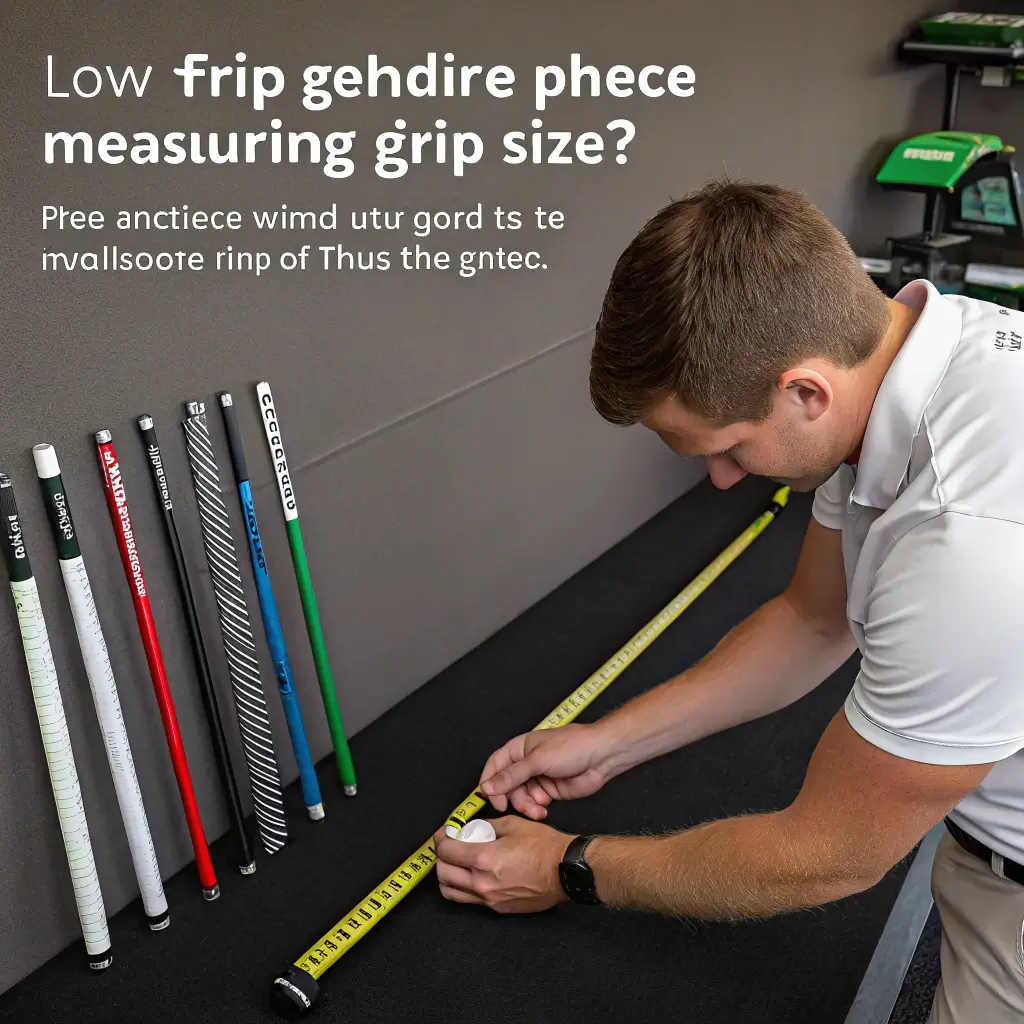 A golfer measuring grip size with a measuring tape next to various Golf Pride grips in a golf workshop, highlighting the process of selecting the right grip.
