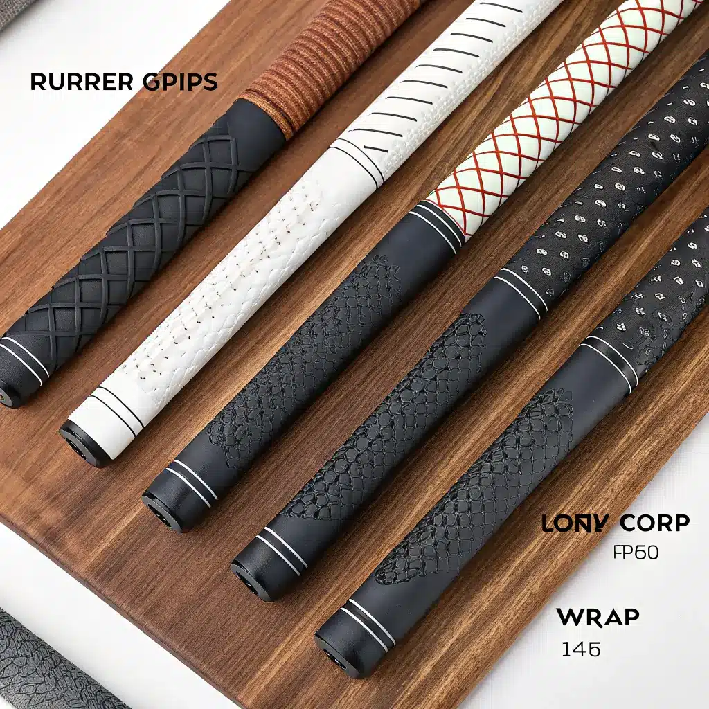 A variety of Golf Pride grips including rubber, cord, and wrap grips, displayed on a wooden surface, showcasing their unique features.