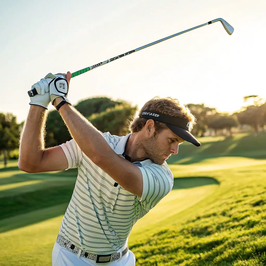 A golfer in action on a sunny golf course, holding a golf club equipped with Golf Pride grips, showcasing the significance of grip in golf performance.