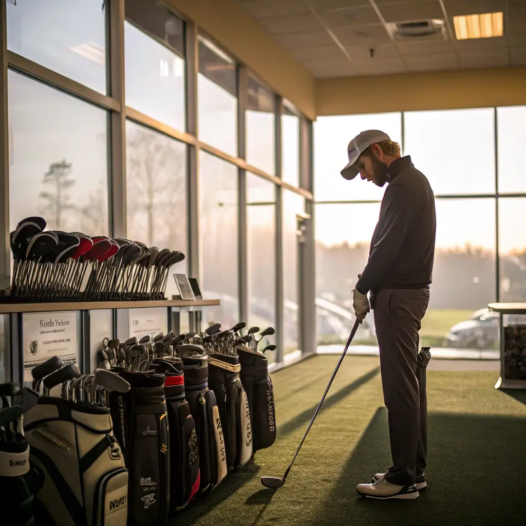 A golfer in a pro shop evaluating different golf sets, considering factors like skill level and budget.