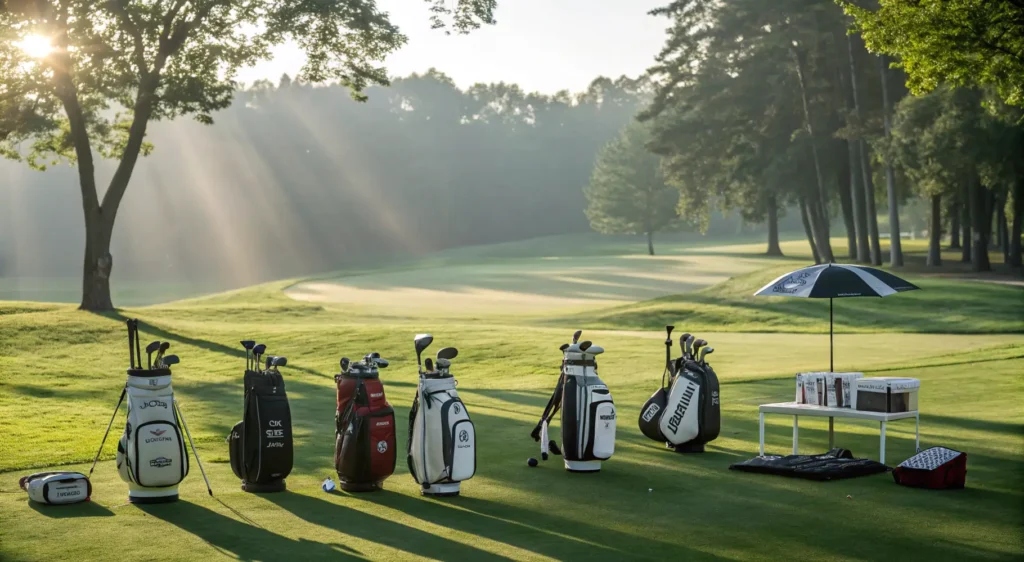 A variety of golf sets displayed on a golf course, including clubs, bags, and accessories, with a scenic background.