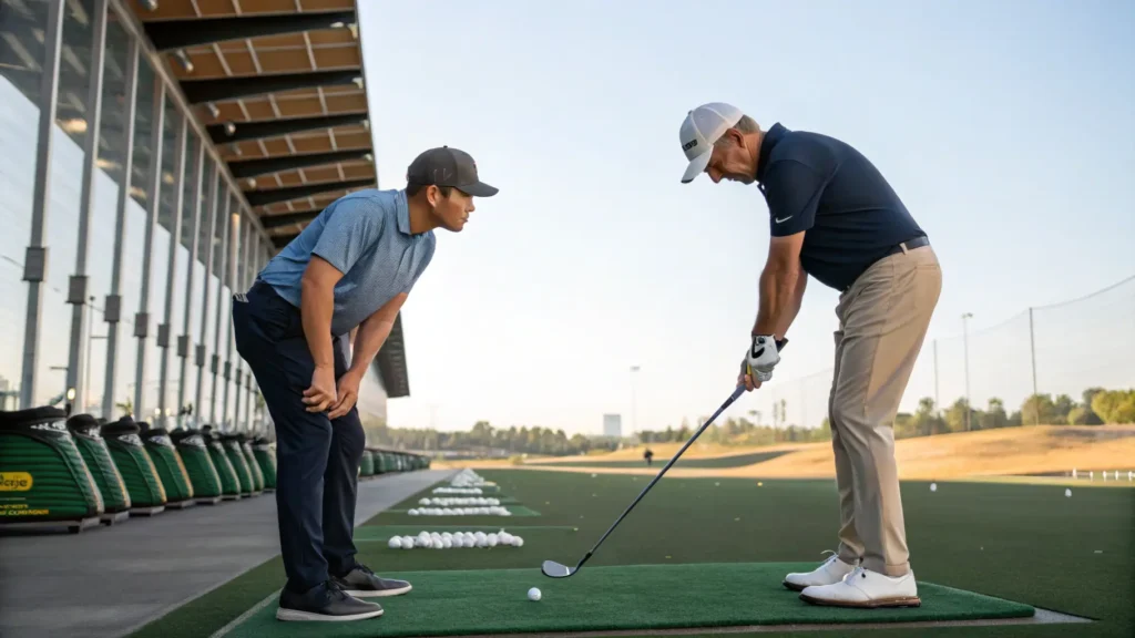 An instructor showing a beginner golfer the correct grip and stance on the driving range, with golf clubs in the background.