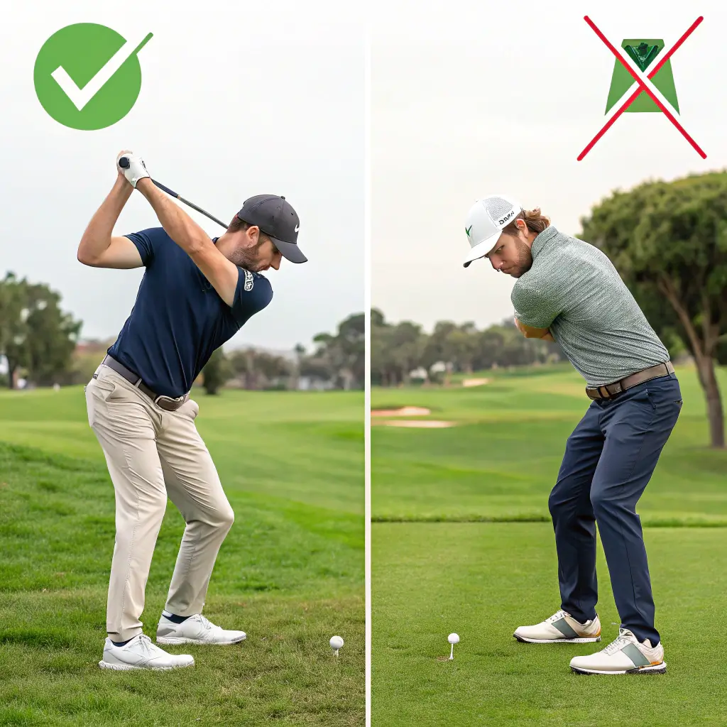 A split image of a beginner golfer overthinking their swing and another practicing their short game, illustrating common mistakes.