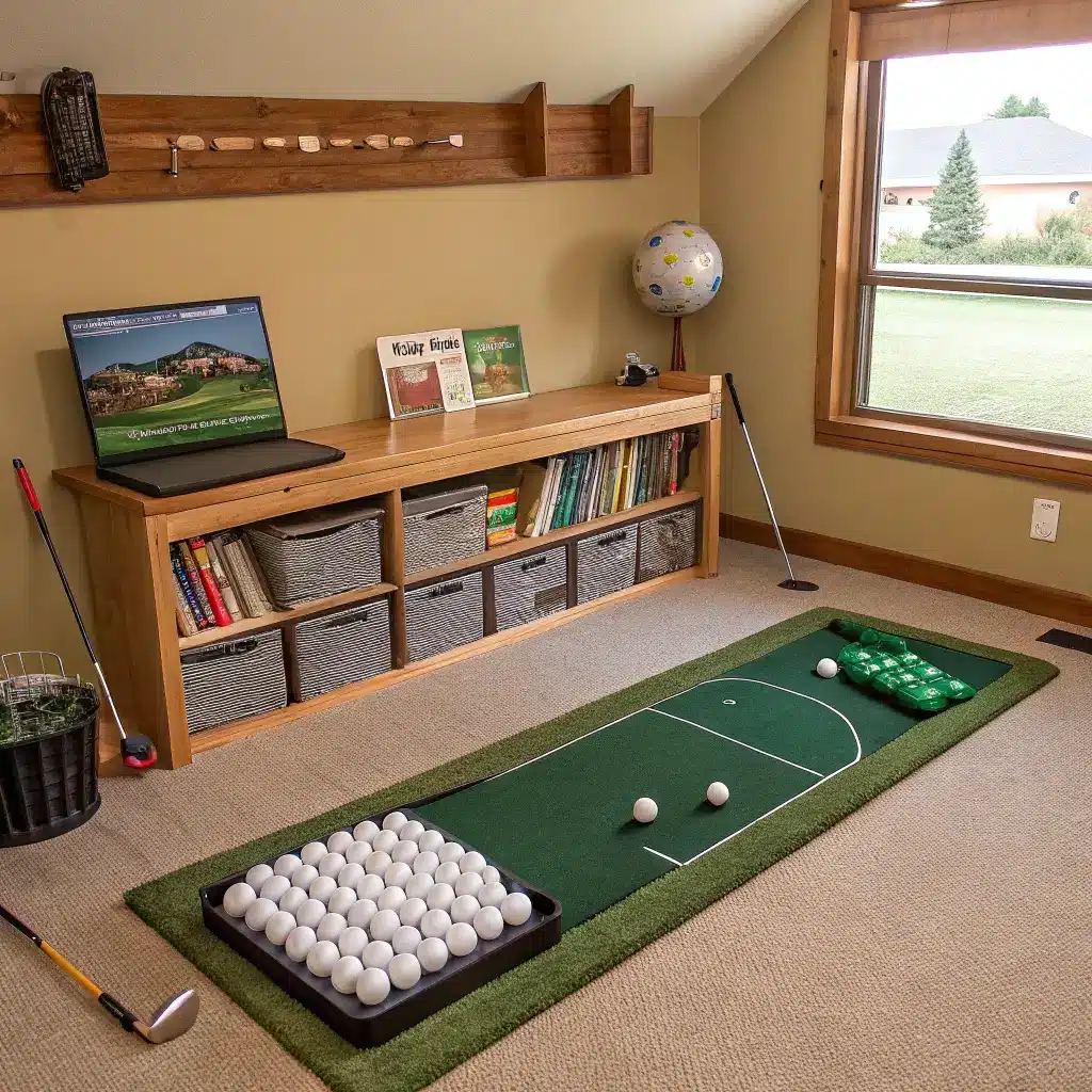 A well-organized home practice space for golf, including a putting mat and instructional materials, showcasing dedication to improvement.