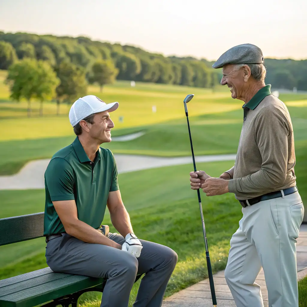 A beginner golfer discussing with a golf instructor at a golf course, highlighting the importance of choosing the right instructor.