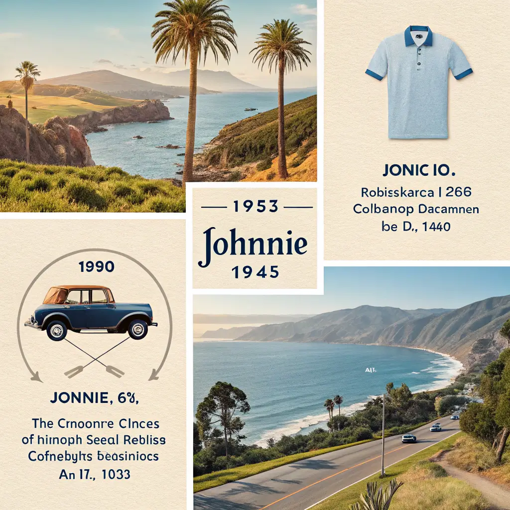 A collage of Johnnie-O's historical designs and California landscapes.