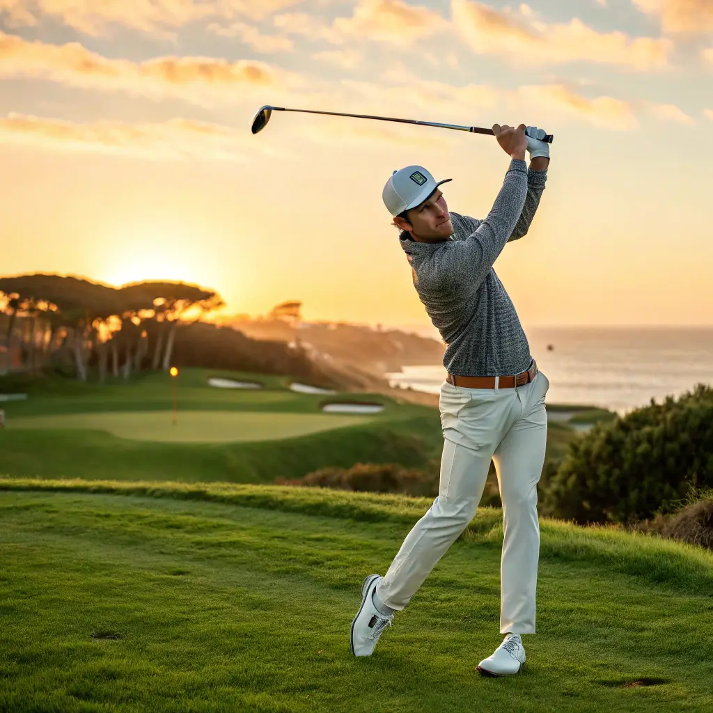 A golfer in Johnnie-O apparel swinging a golf club on a green course during sunset.