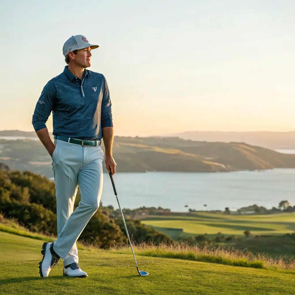 A golfer in Johnnie-O apparel on a scenic golf course.