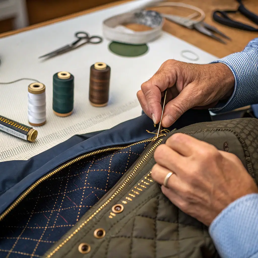 A craftsman inspecting high-quality fabric for Johnnie-O apparel.