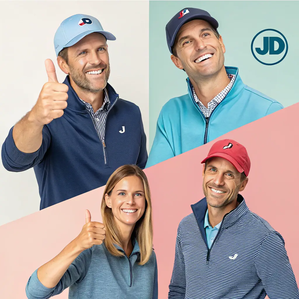 A collage of happy customers wearing Johnnie-O apparel, showcasing satisfaction.