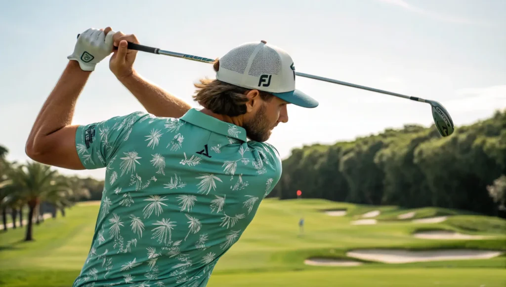 A golfer in a Johnnie O golf shirt swinging a club on a golf course.