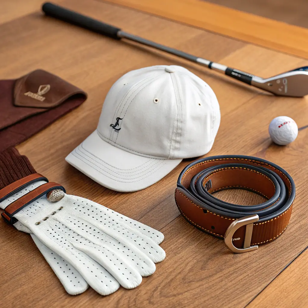 An arrangement of Johnnie O golf accessories on a wooden table, including a cap, belt, and gloves.
