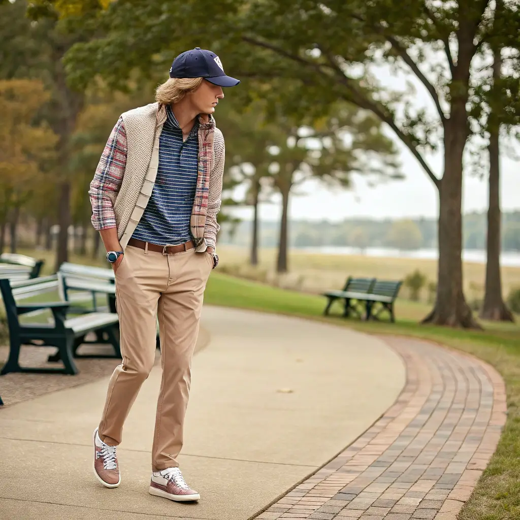 A person styling Johnnie-O apparel in a casual setting.