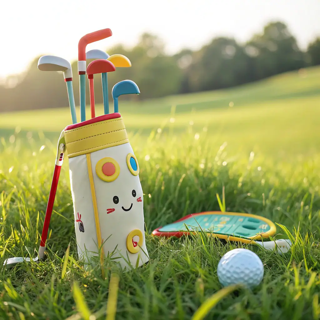 A parent teaching their toddler how to swing a golf club in a backyard, showcasing a nurturing learning environment.