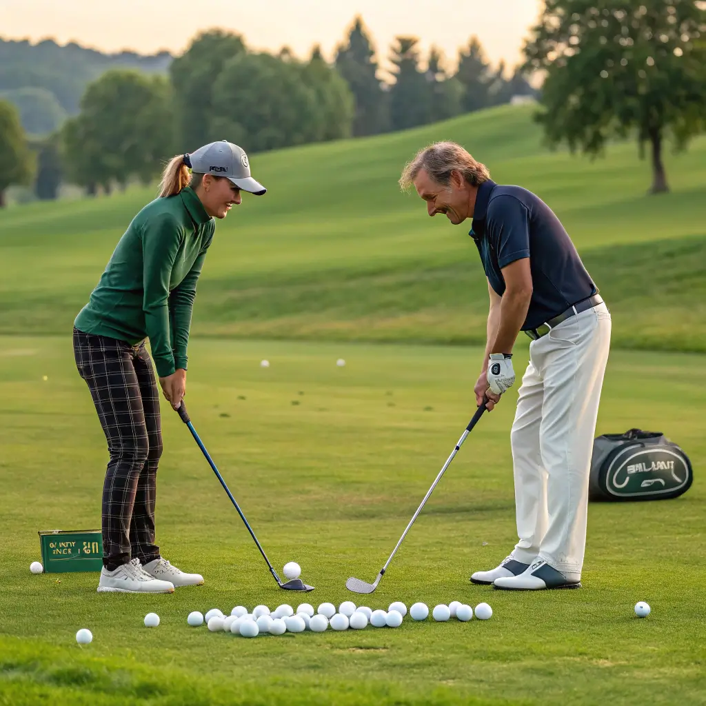 A beginner golfer practicing drills with an instructor during their first golf lesson.