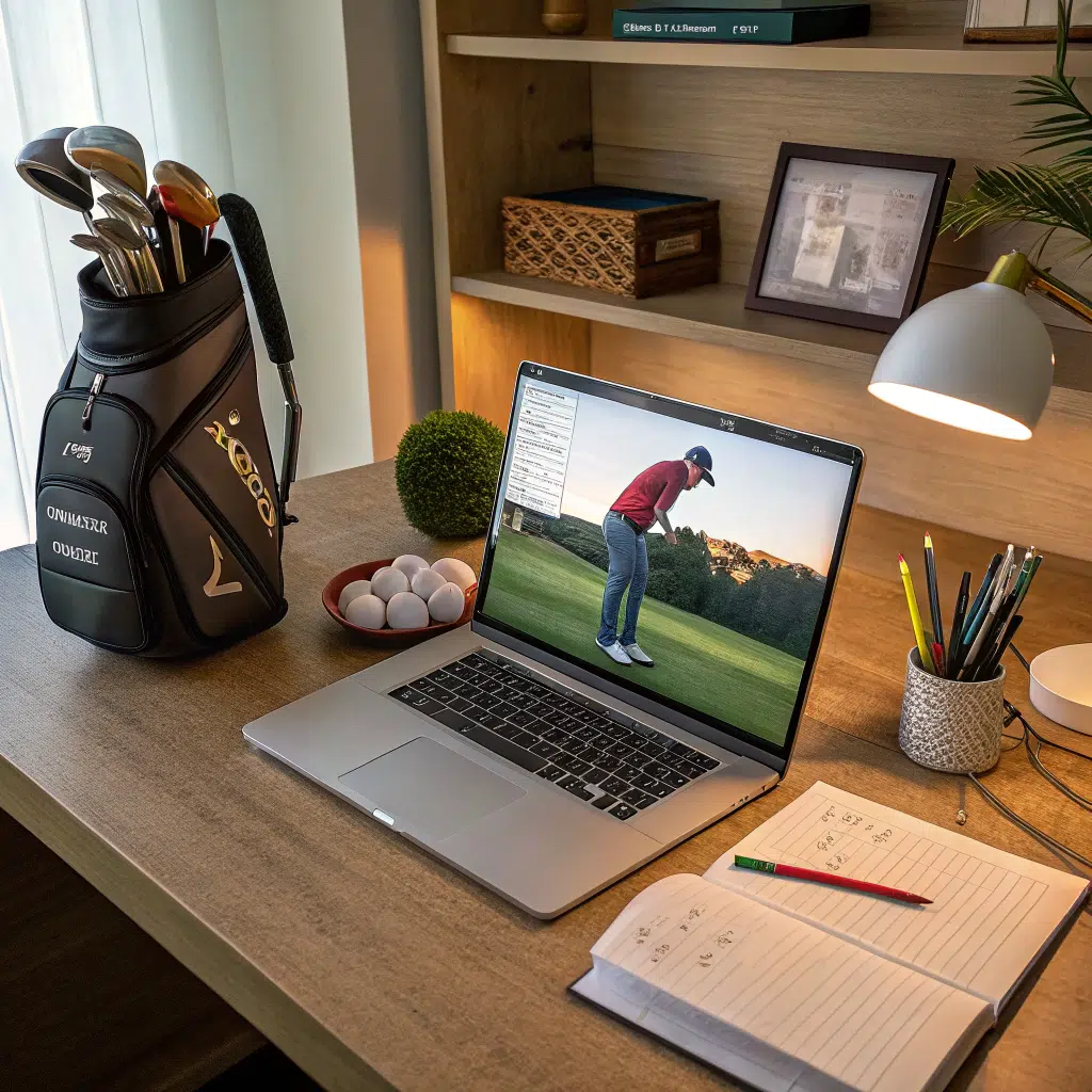 A home office with a laptop showing an online golf lesson, golf equipment nearby, representing the convenience of best online golf lessons for beginners.