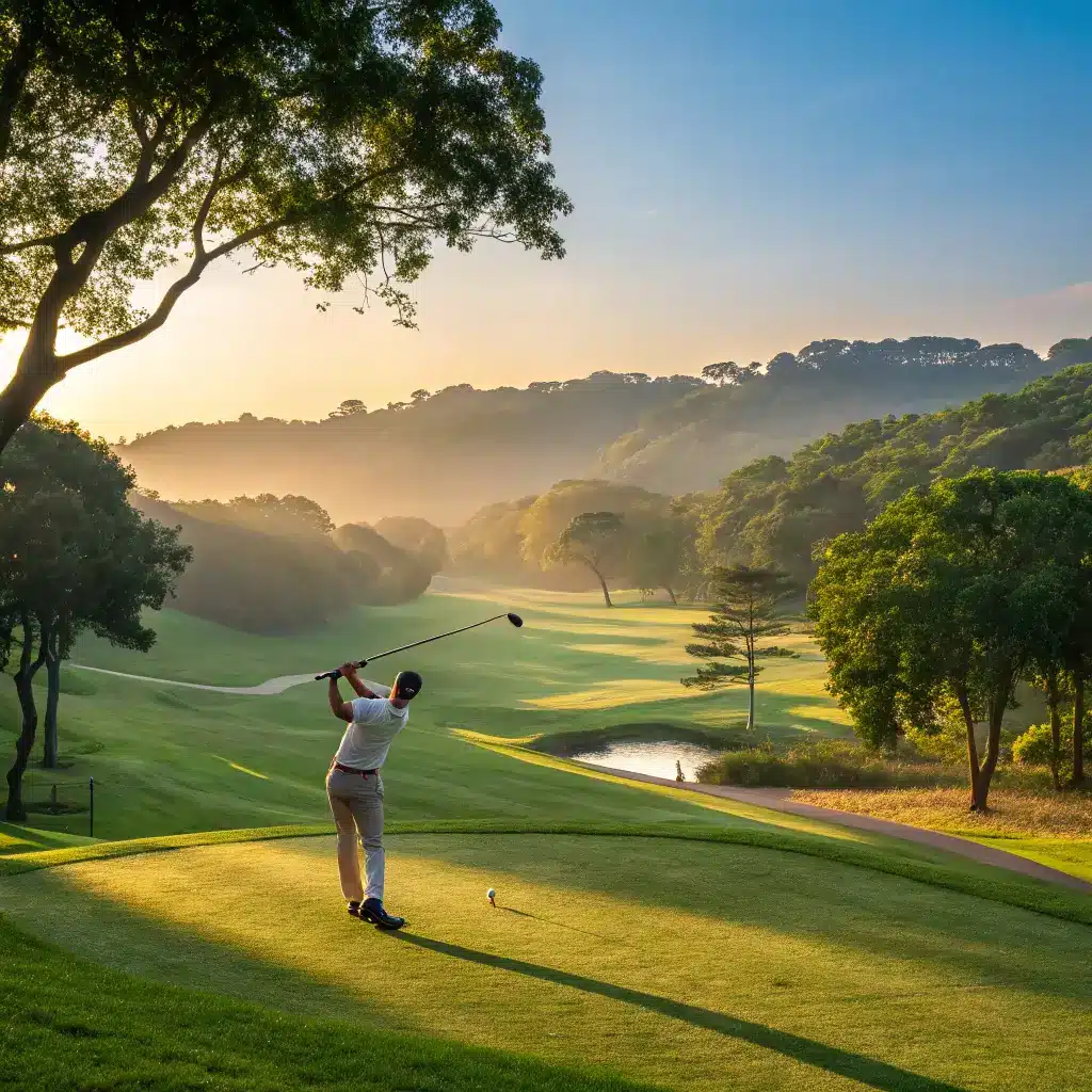 A beginner golfer practicing their swing on a beautiful golf course at sunrise, showcasing the tranquility of learning golf.