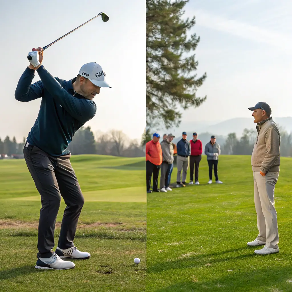 A split image contrasting a serious golfer practicing alone and a group of beginners enjoying a golf lesson, addressing misconceptions about golf lessons.