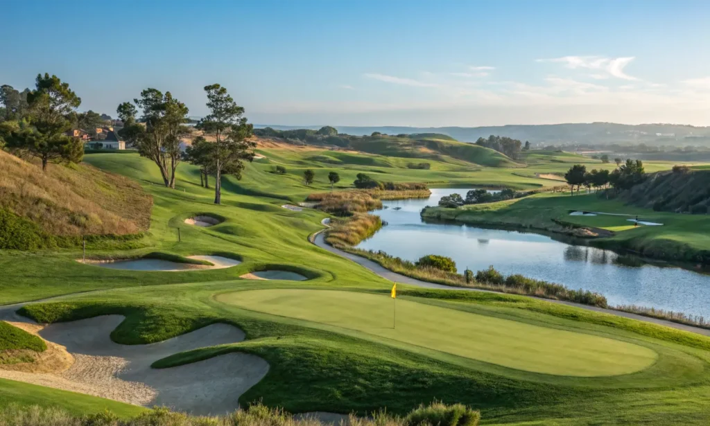 A panoramic view of Arrowood Golf Course featuring green fairways, bunkers, and a water hazard.
