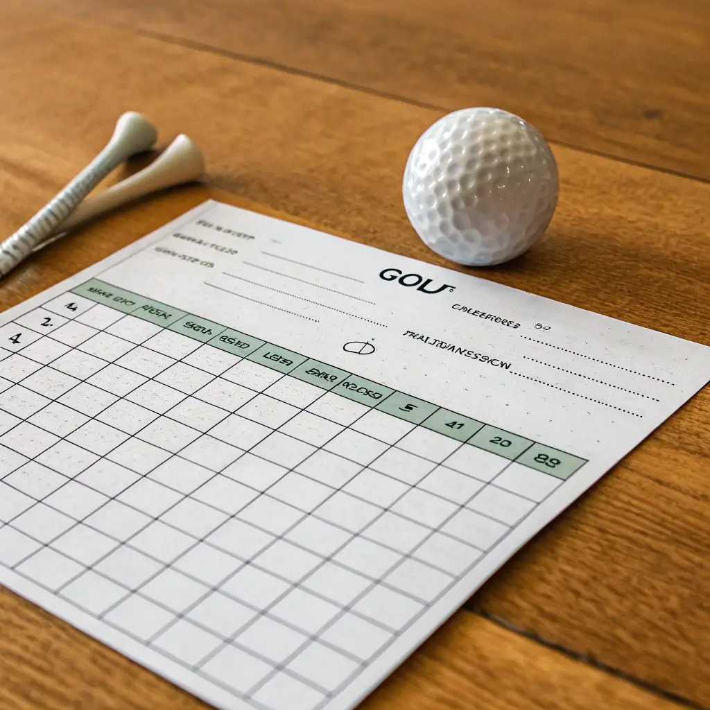 Close-up of a blank golf scorecard on a wooden table with a golf ball and tee.
