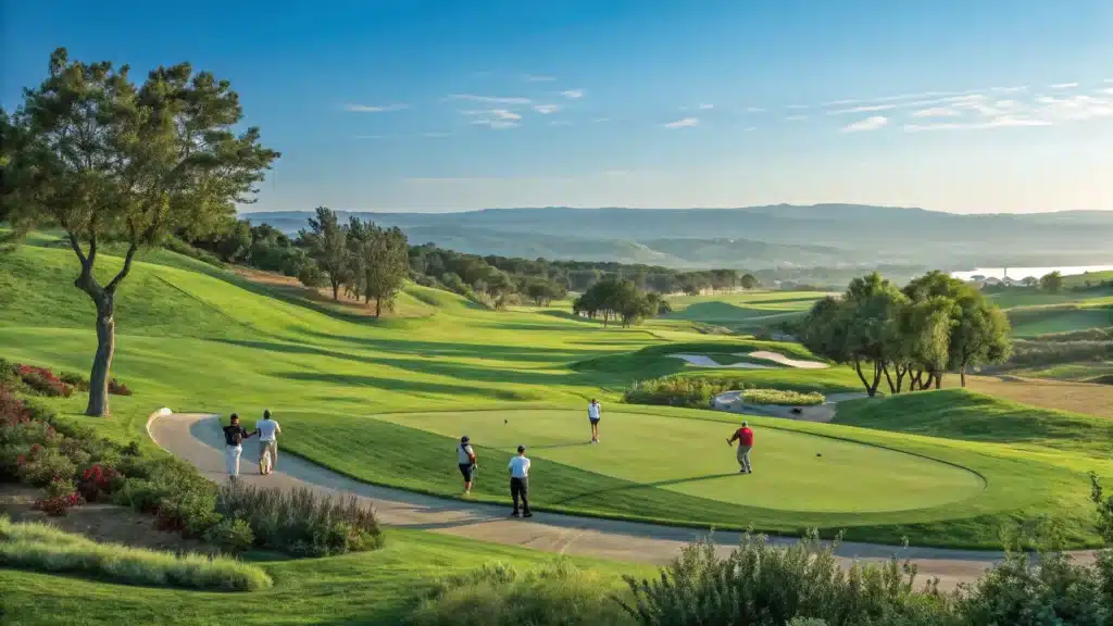 A beautiful view of Arrowood Golf Course with clear skies and golfers playing on the green fairways, representing ideal golfing weather.
